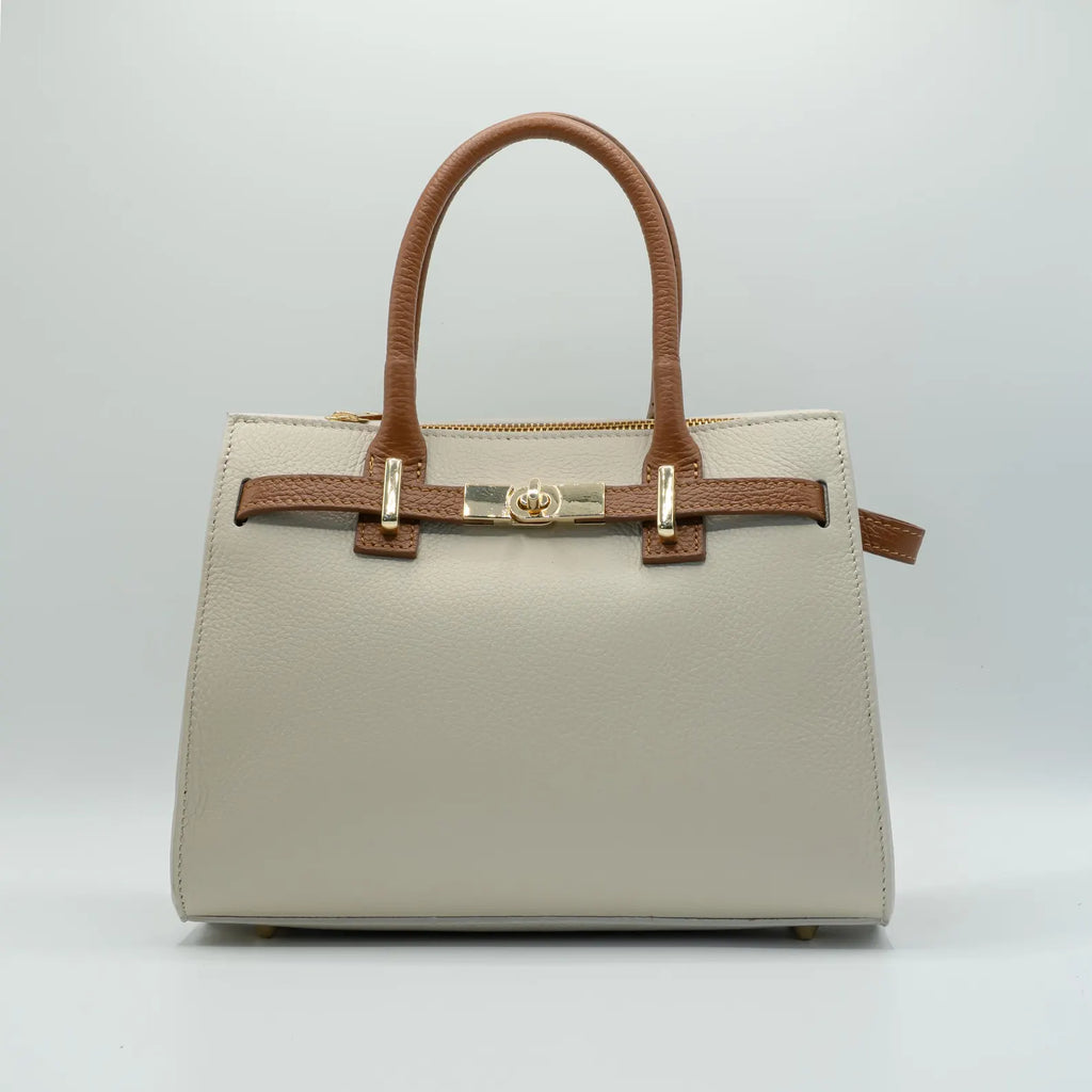 Italian Handmade Leather Bag for Women | Elegant Off-White & Brown Tote From Florence, Made in Italy | Luxury Top Handle Purse