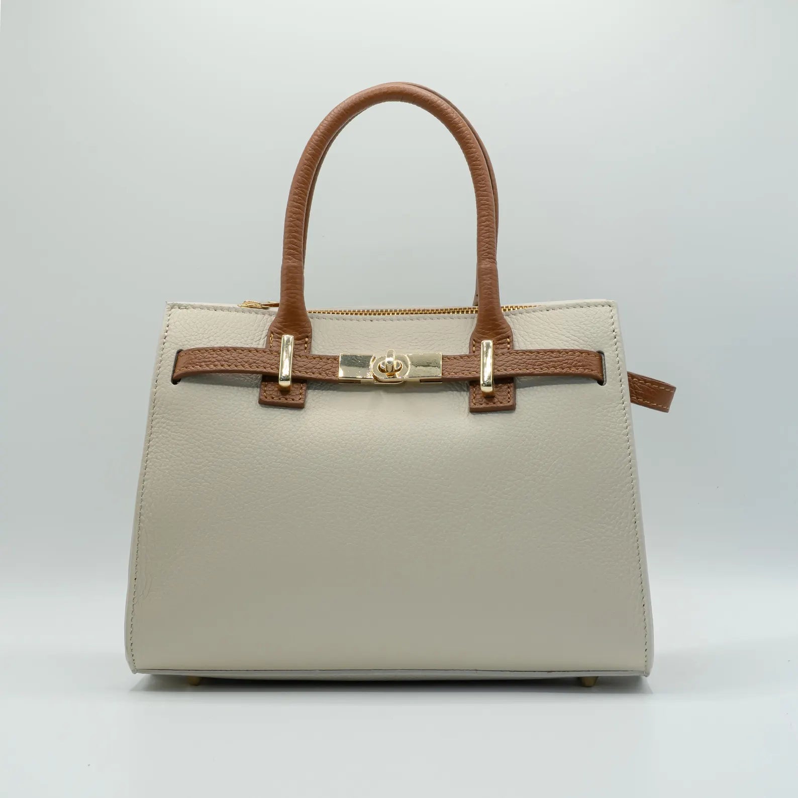 Italian Handmade Leather Bag for Women | Elegant Off-White & Brown Tote From Florence, Made in Italy | Luxury Top Handle Purse