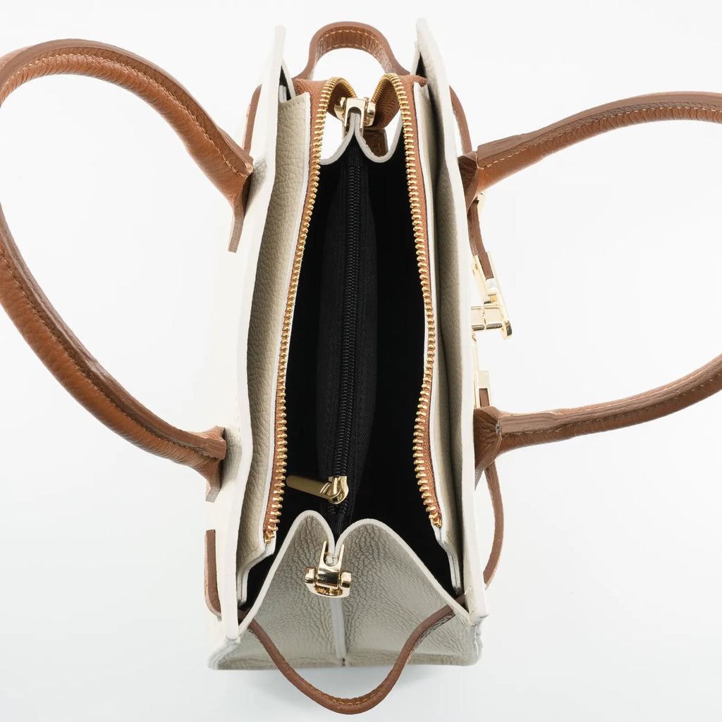 Italian Handmade Leather Bag for Women | Elegant Off-White & Brown Tote From Florence, Made in Italy | Luxury Top Handle Purse