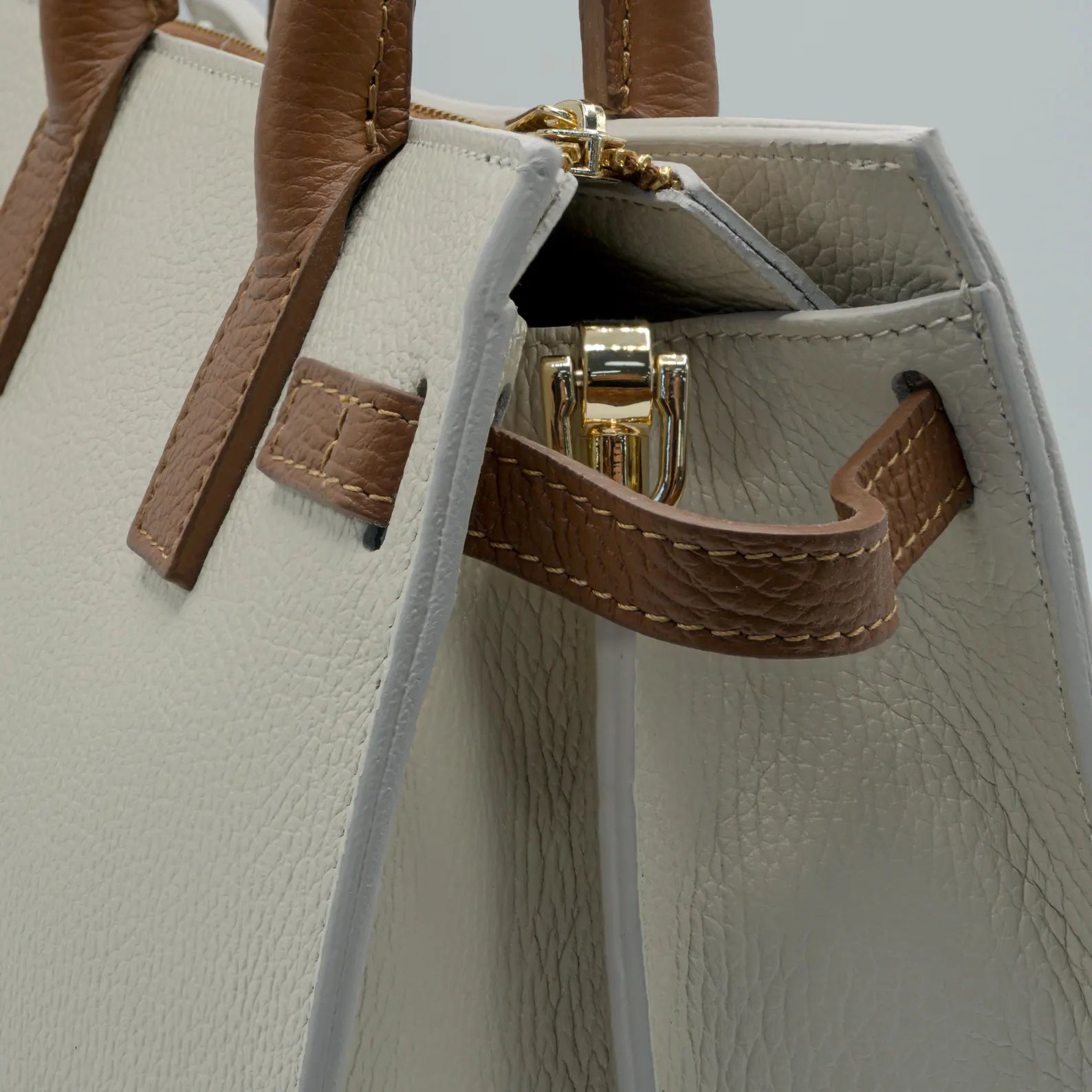 Italian Handmade Leather Bag for Women | Elegant Off-White & Brown Tote From Florence, Made in Italy | Luxury Top Handle Purse