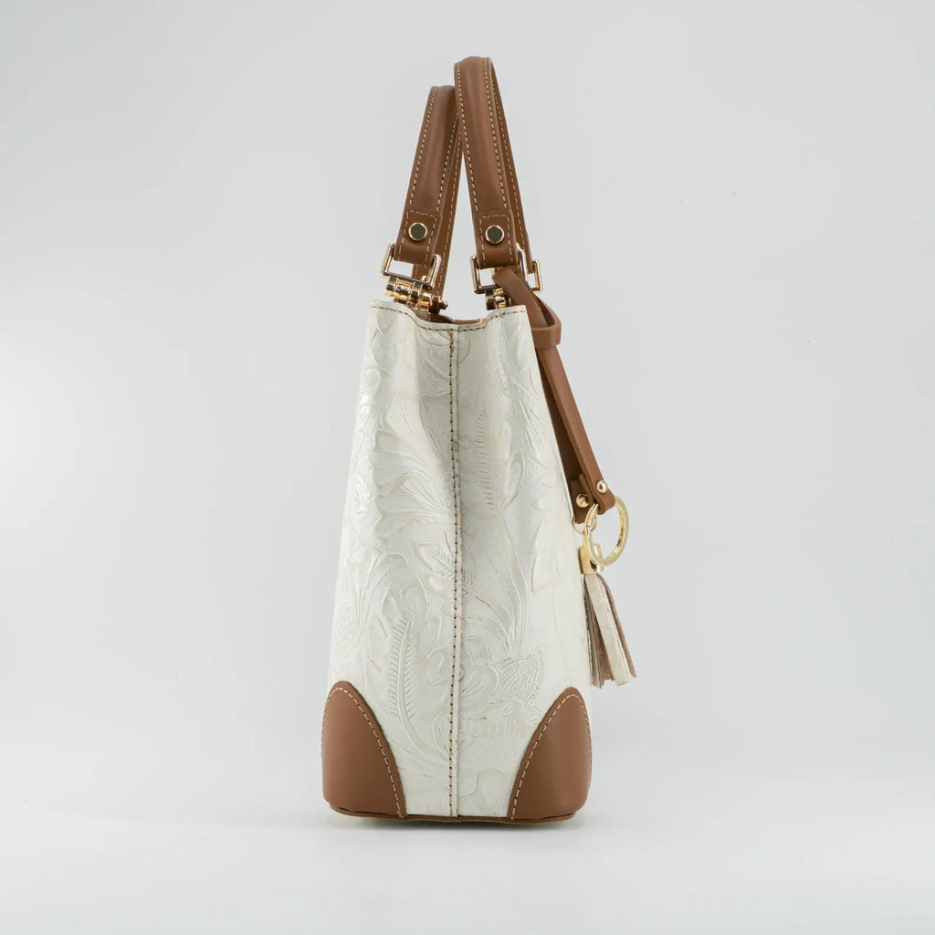 Italian Handmade Leather Bags For Woman | Elegant Embossed Leather Tote From Florence, Cream & Tan Bag, Made in Italy