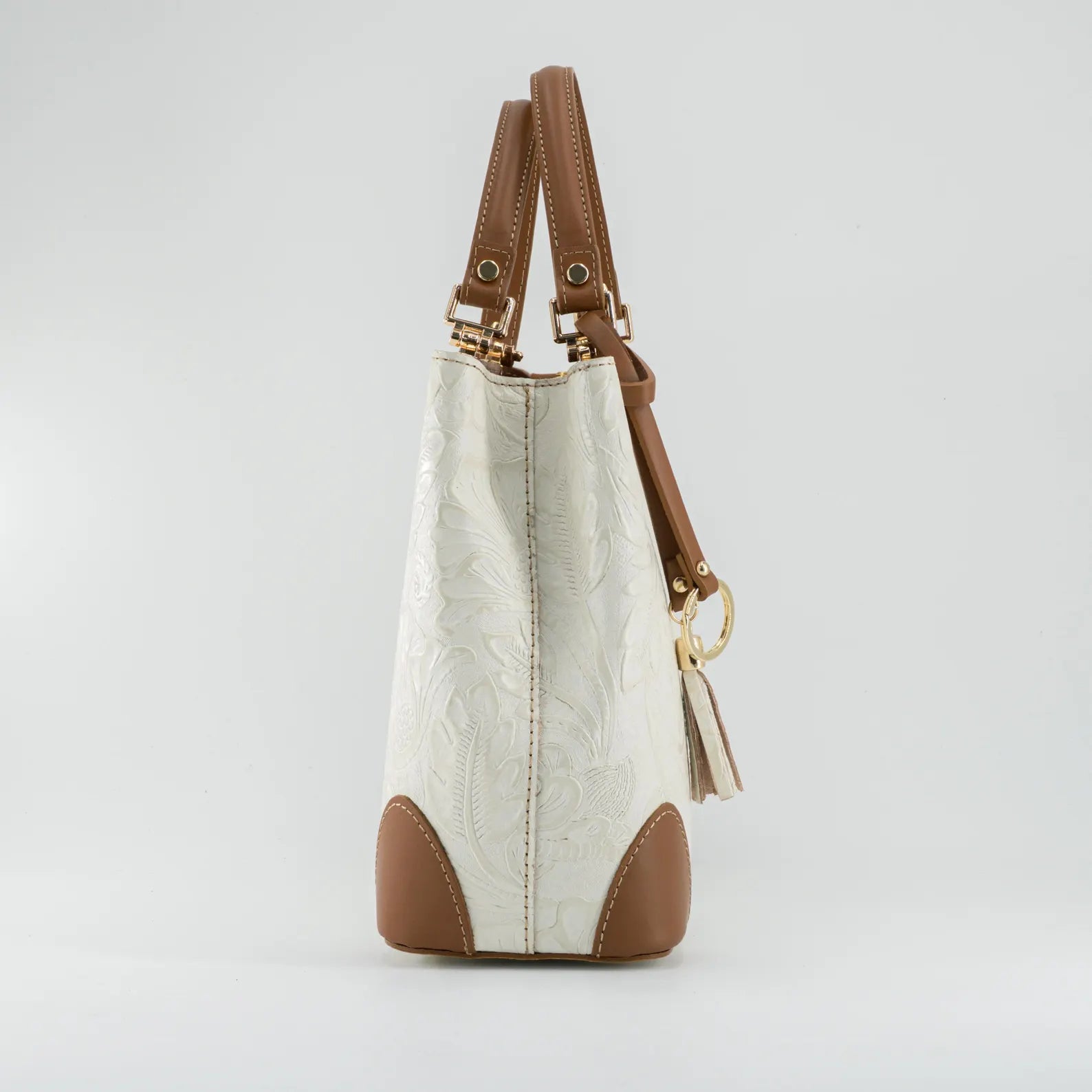 Italian Handmade Leather Bags For Woman | Elegant Embossed Leather Tote From Florence, Cream & Tan Bag, Made in Italy