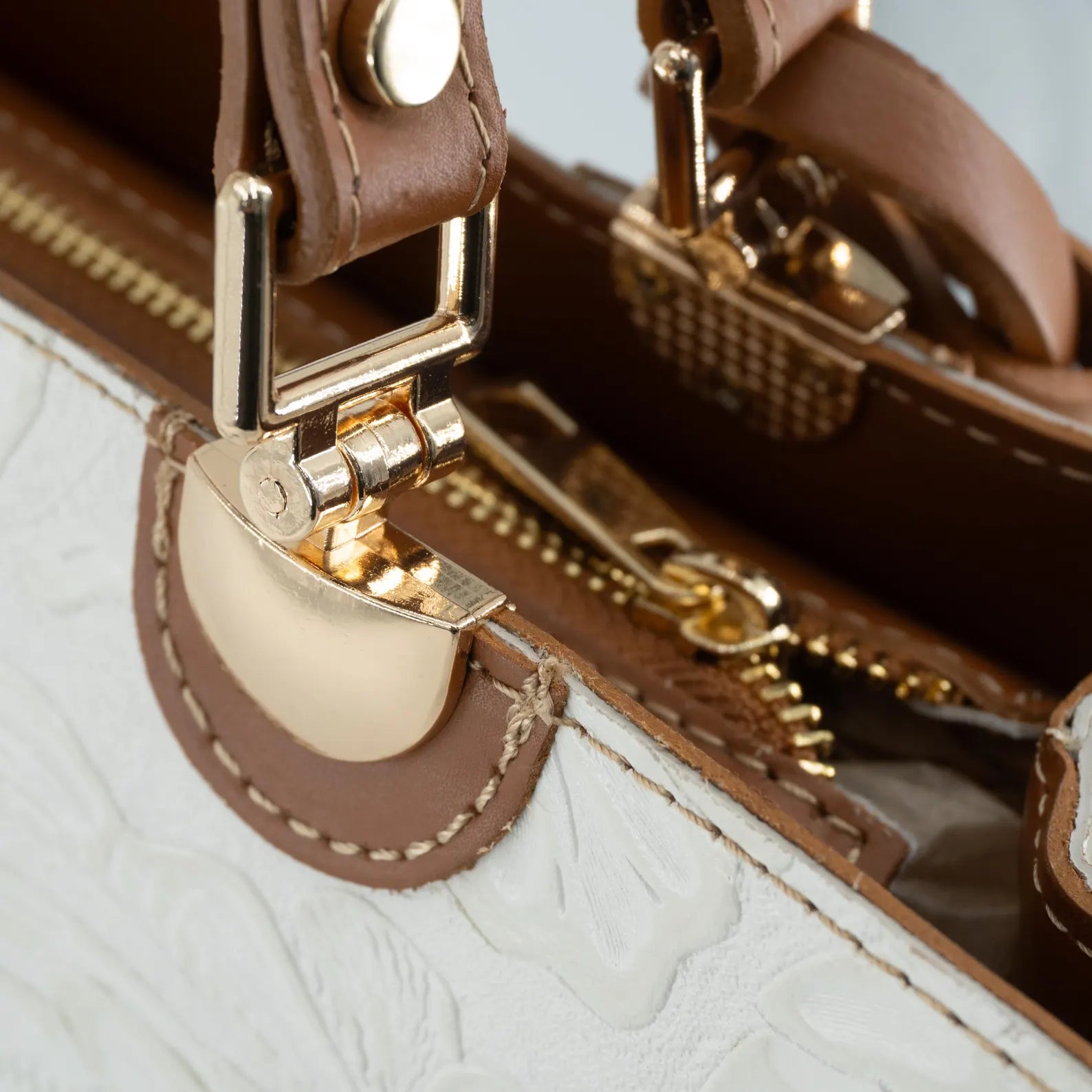 Italian Handmade Leather Bags For Woman | Elegant Embossed Leather Tote From Florence, Cream & Tan Bag, Made in Italy