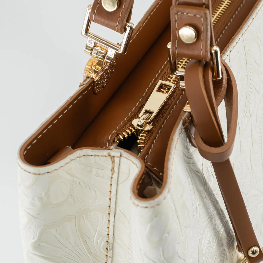 Italian Handmade Leather Bags For Woman | Elegant Embossed Leather Tote From Florence, Cream & Tan Bag, Made in Italy