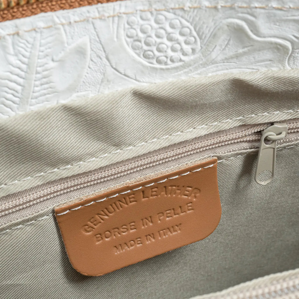 Italian Handmade Leather Bags For Woman | Elegant Embossed Leather Tote From Florence, Cream & Tan Bag, Made in Italy