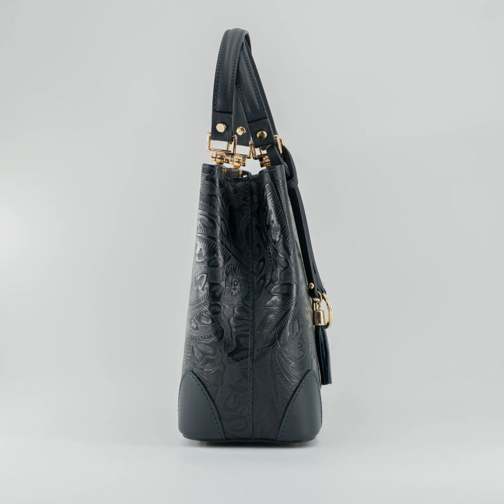 Italian Handmade Leather Bags For Woman | Elegant Embossed Leather Tote From Florence, Black Bag, Made in Italy | Top Handle Shoulder Bag