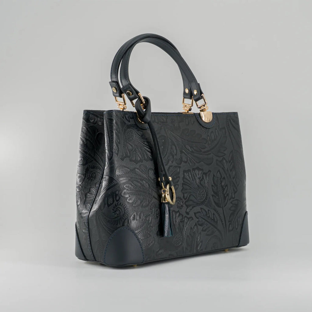 Italian Handmade Leather Bags For Woman | Elegant Embossed Leather Tote From Florence, Black Bag, Made in Italy | Top Handle Shoulder Bag