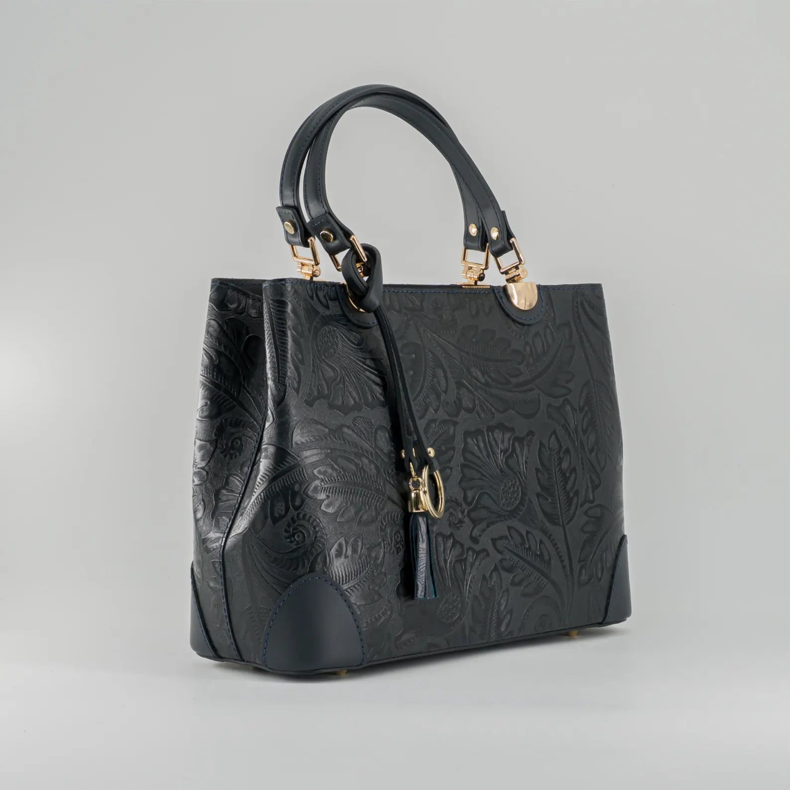 Italian Handmade Leather Bags For Woman | Elegant Embossed Leather Tote From Florence, Black Bag, Made in Italy | Top Handle Shoulder Bag