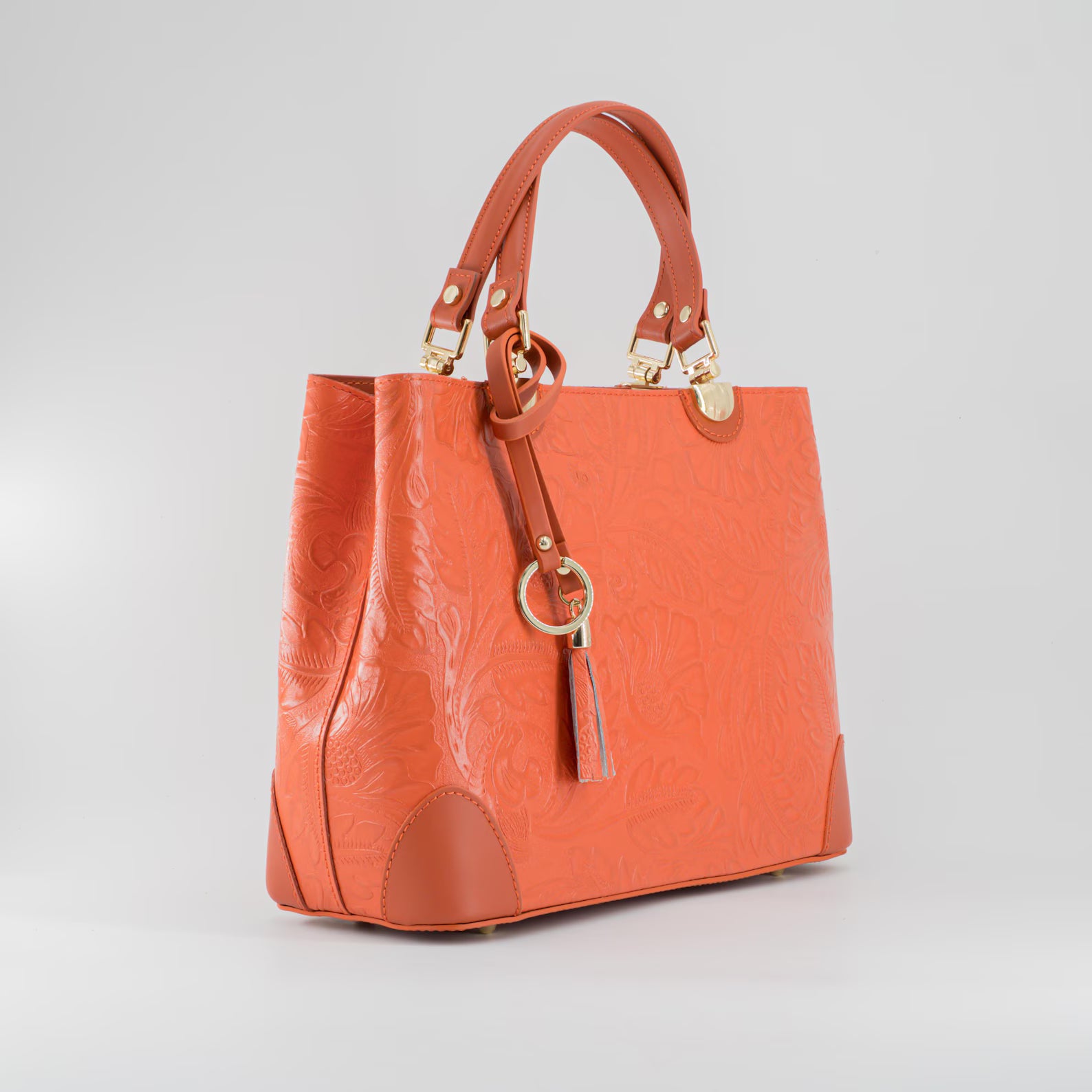 Italian Handmade Leather Bags For Woman | Elegant Embossed Leather Tote From Florence, Orange Bag, Made in Italy | Top Handle Shoulder Bag