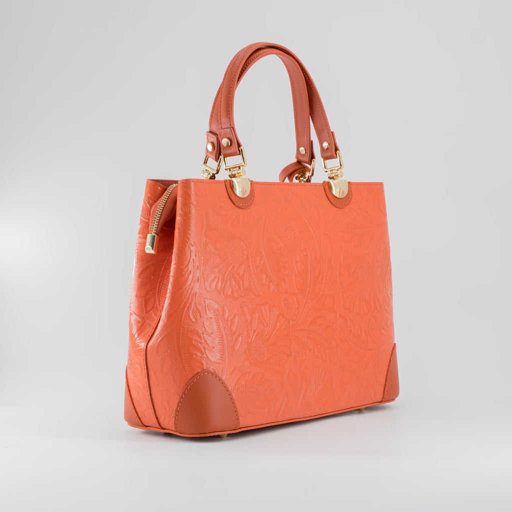 Italian Handmade Leather Bags For Woman | Elegant Embossed Leather Tote From Florence, Orange Bag, Made in Italy | Top Handle Shoulder Bag