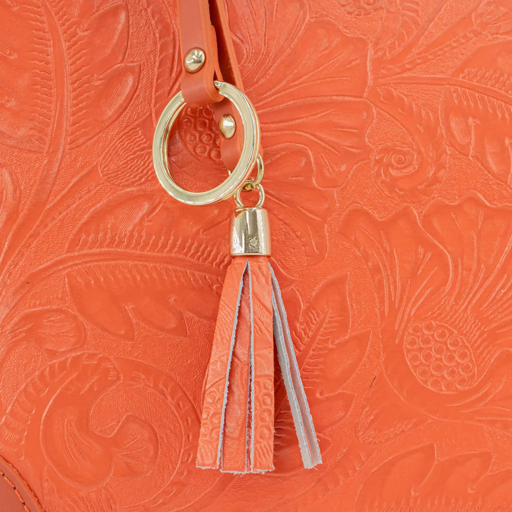 Italian Handmade Leather Bags For Woman | Elegant Embossed Leather Tote From Florence, Orange Bag, Made in Italy | Top Handle Shoulder Bag