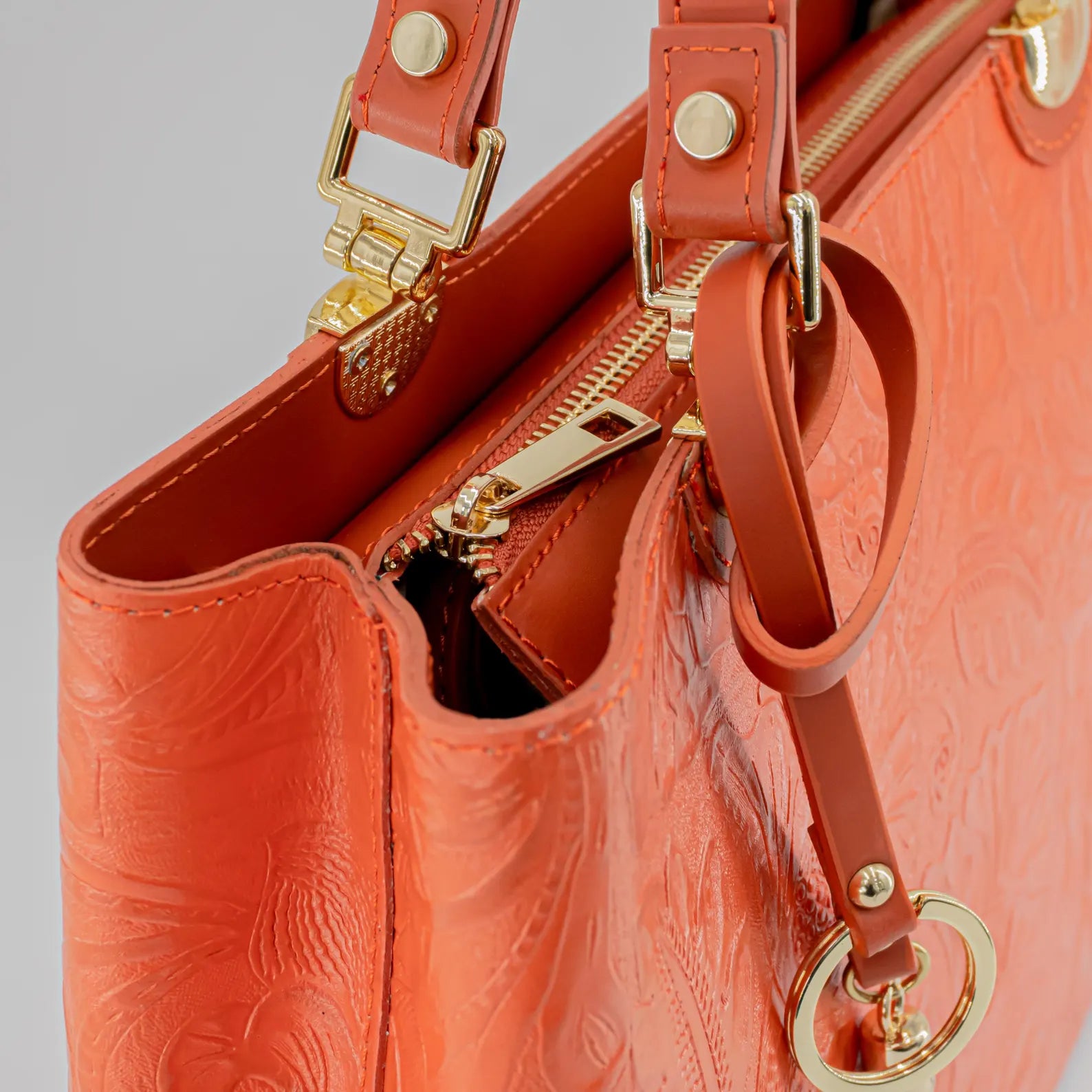 Italian Handmade Leather Bags For Woman | Elegant Embossed Leather Tote From Florence, Orange Bag, Made in Italy | Top Handle Shoulder Bag