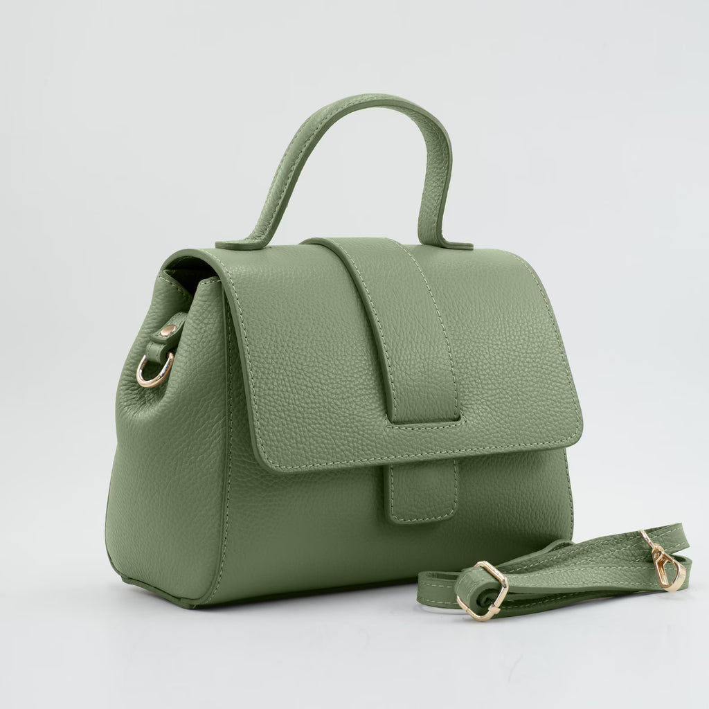 Italian Handmade Leather Bags For Woman | Elegant Top Handle Leather Bag From Florence, Green Bag, Made in Italy