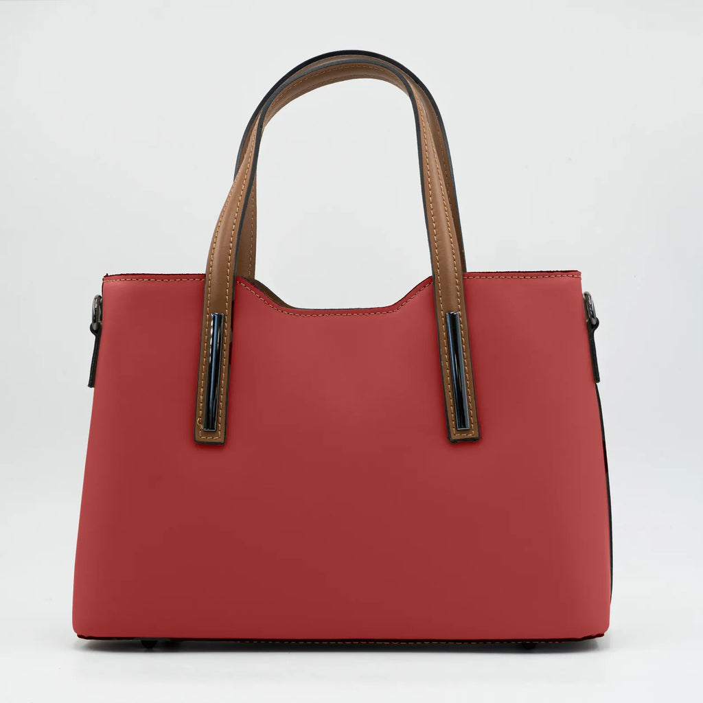 Italian Handmade Leather Bags for Women | Elegant Two-Tone Tote From Florence, Red & Brown Leather Purse, Made in Italy