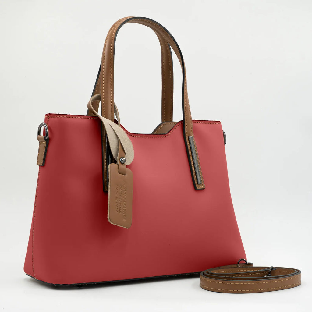 Italian Handmade Leather Bags for Women | Elegant Two-Tone Tote From Florence, Red & Brown Leather Purse, Made in Italy