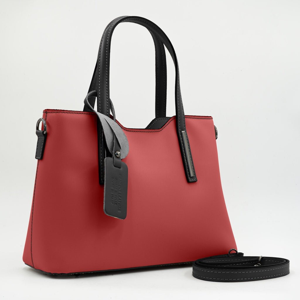 Italian Handmade Leather Bags for Women | Elegant Red & Black Leather Tote From Florence, Made in Italy | Work Purse Italian tote bag