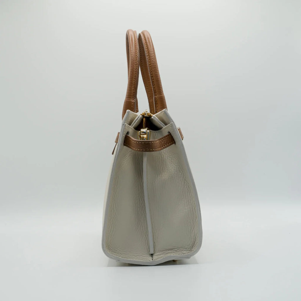 Italian Handmade Leather Bag for Women | Elegant Off-White & Brown Tote From Florence, Made in Italy | Luxury Top Handle Purse