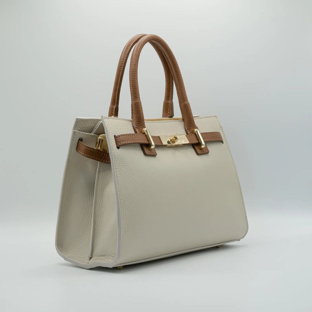 Italian Handmade Leather Bag for Women | Elegant Off-White & Brown Tote From Florence, Made in Italy | Luxury Top Handle Purse
