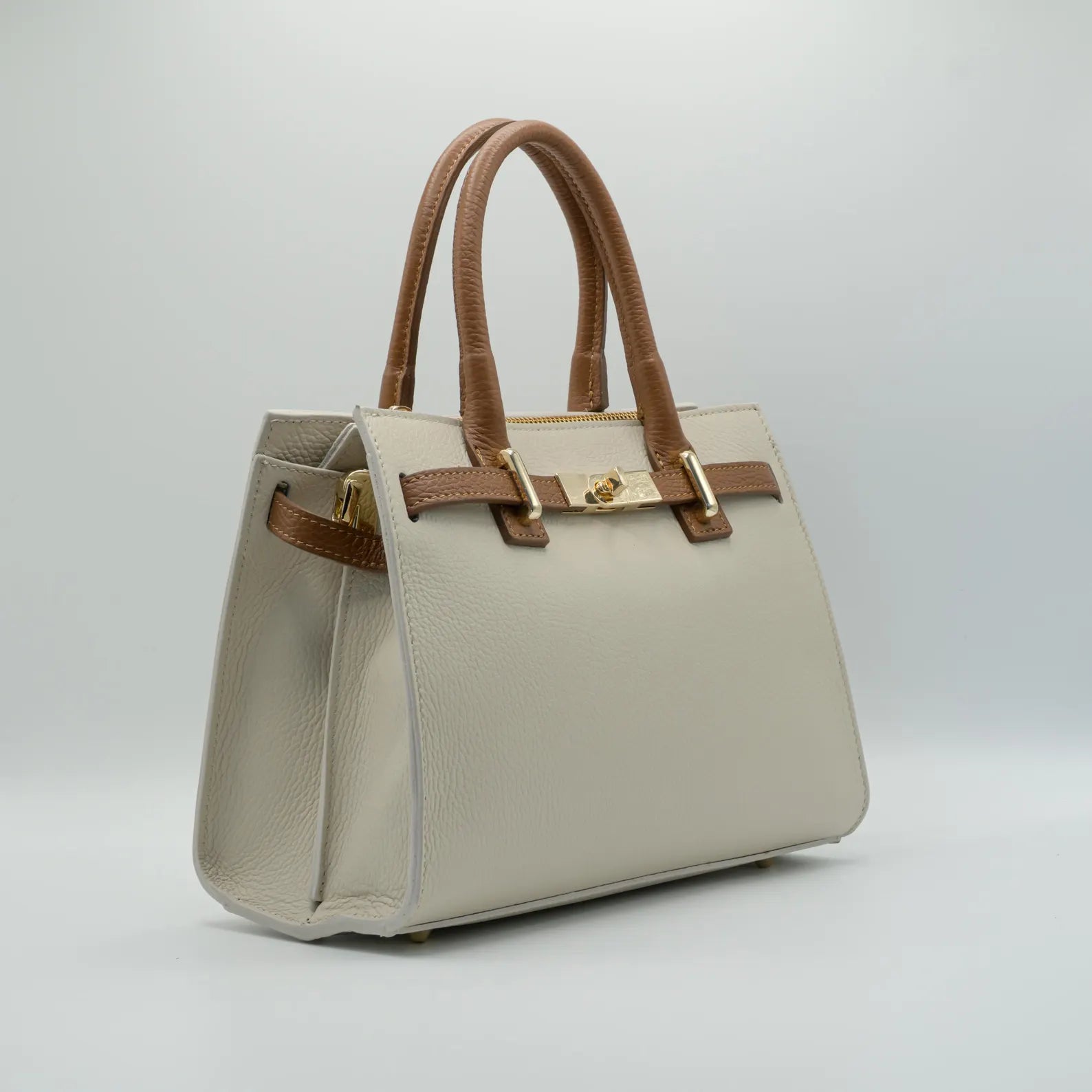 Italian Handmade Leather Bag for Women | Elegant Off-White & Brown Tote From Florence, Made in Italy | Luxury Top Handle Purse