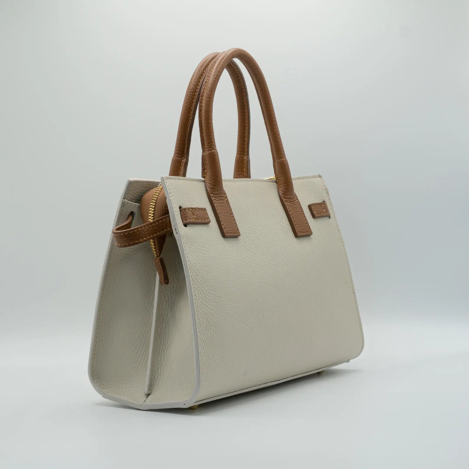 Italian Handmade Leather Bag for Women | Elegant Off-White & Brown Tote From Florence, Made in Italy | Luxury Top Handle Purse