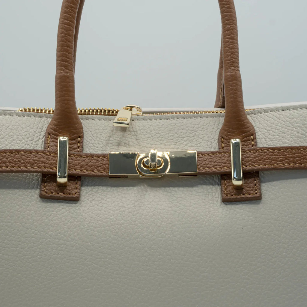 Italian Handmade Leather Bag for Women | Elegant Off-White & Brown Tote From Florence, Made in Italy | Luxury Top Handle Purse