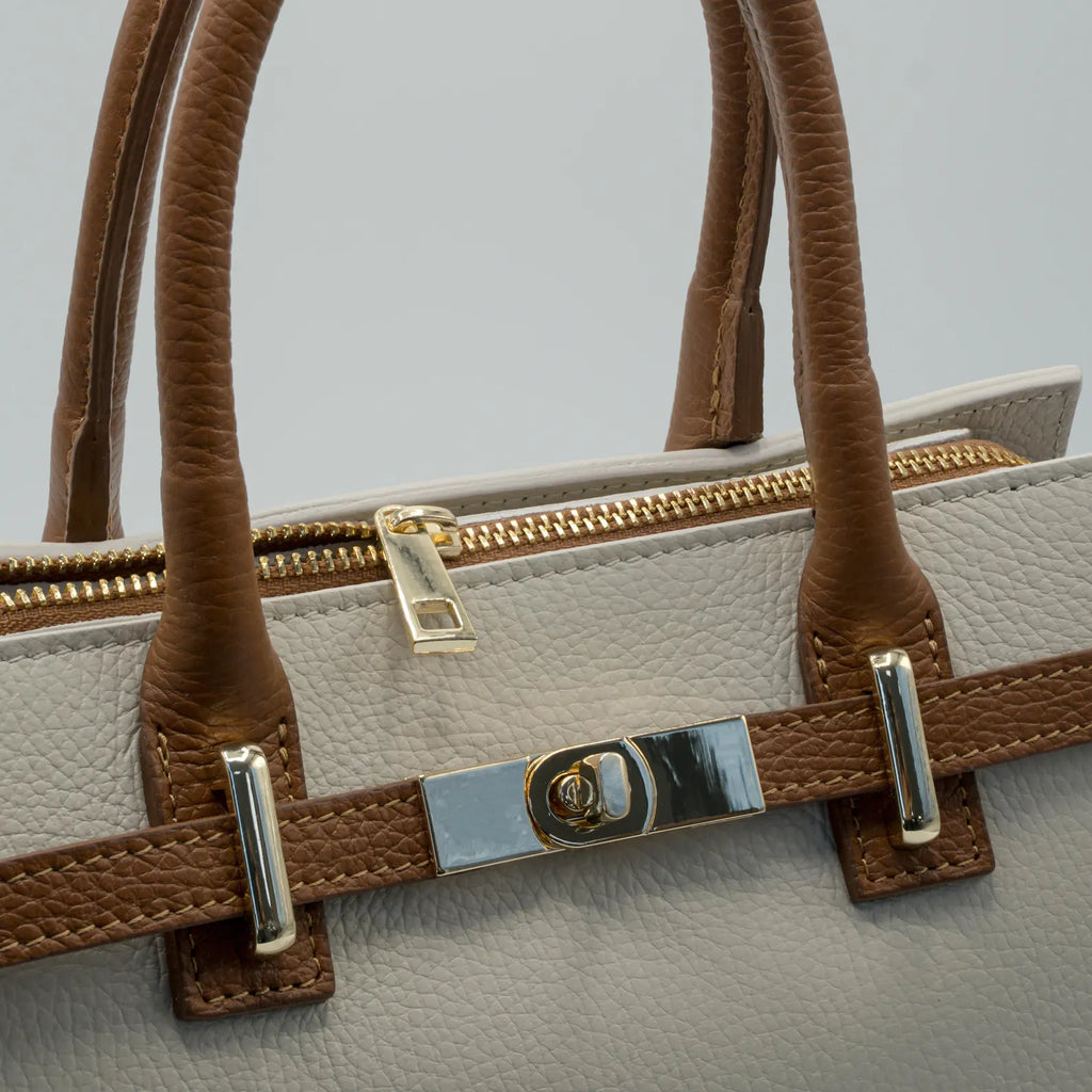 Italian Handmade Leather Bag for Women | Elegant Off-White & Brown Tote From Florence, Made in Italy | Luxury Top Handle Purse