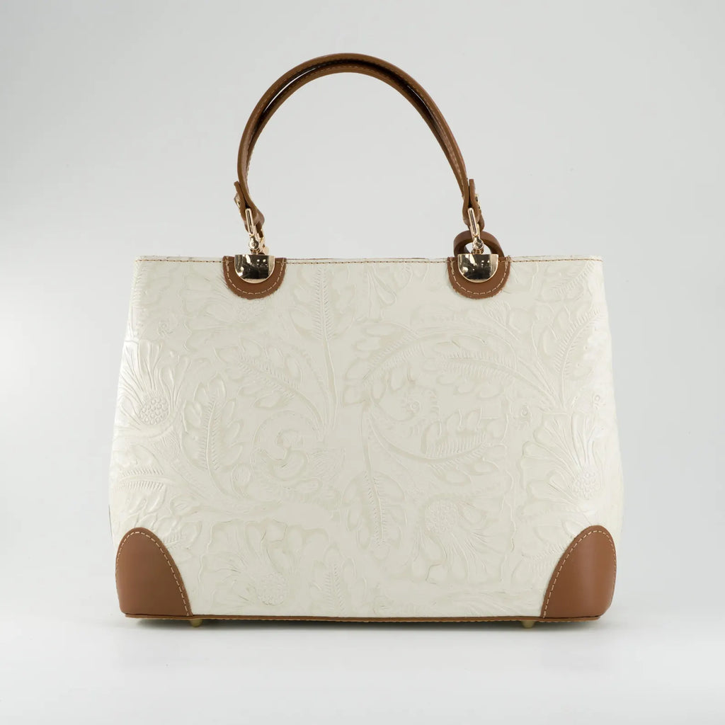 Italian Handmade Leather Bags For Woman | Elegant Embossed Leather Tote From Florence, Cream & Tan Bag, Made in Italy