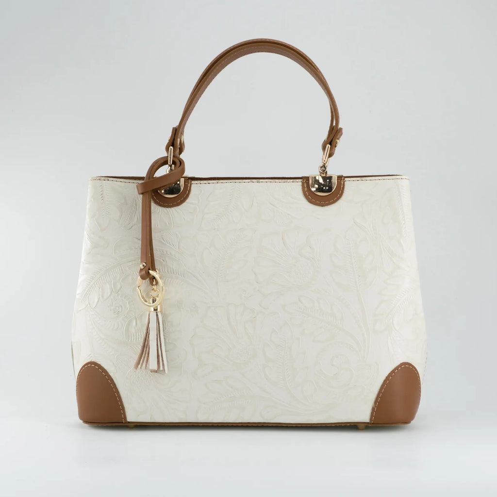 Italian Handmade Leather Bags For Woman | Elegant Embossed Leather Tote From Florence, Cream & Tan Bag, Made in Italy