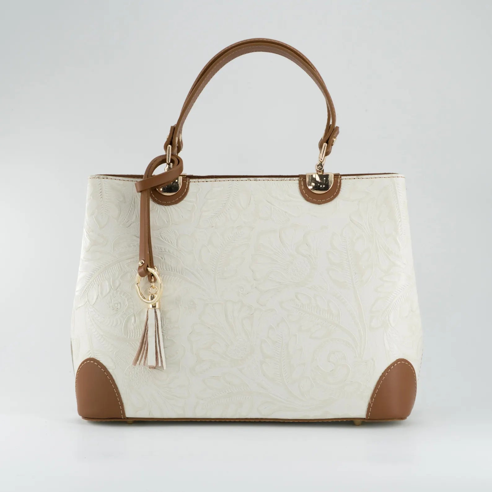 Italian Handmade Leather Bags For Woman | Elegant Embossed Leather Tote From Florence, Cream & Tan Bag, Made in Italy