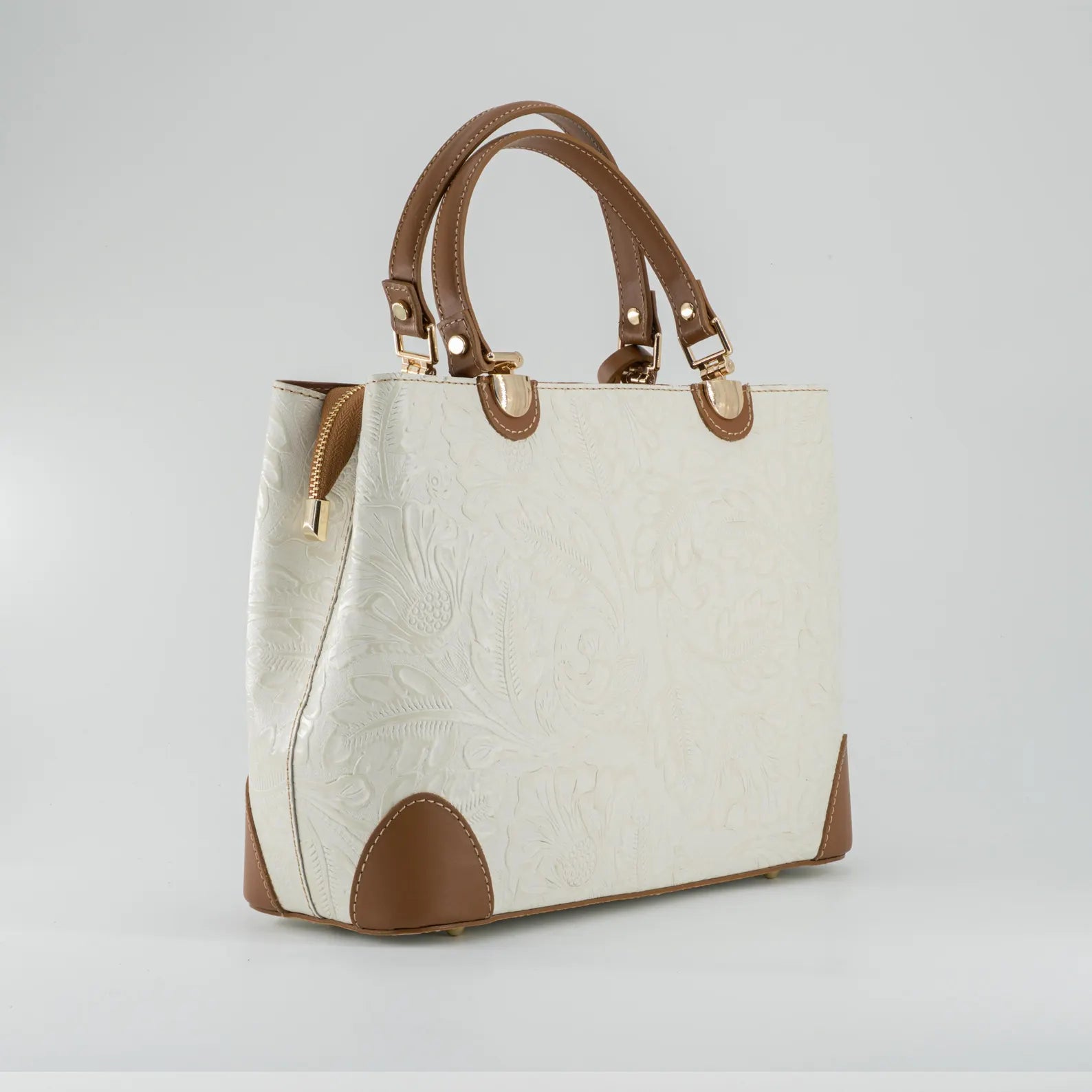 Italian Handmade Leather Bags For Woman | Elegant Embossed Leather Tote From Florence, Cream & Tan Bag, Made in Italy