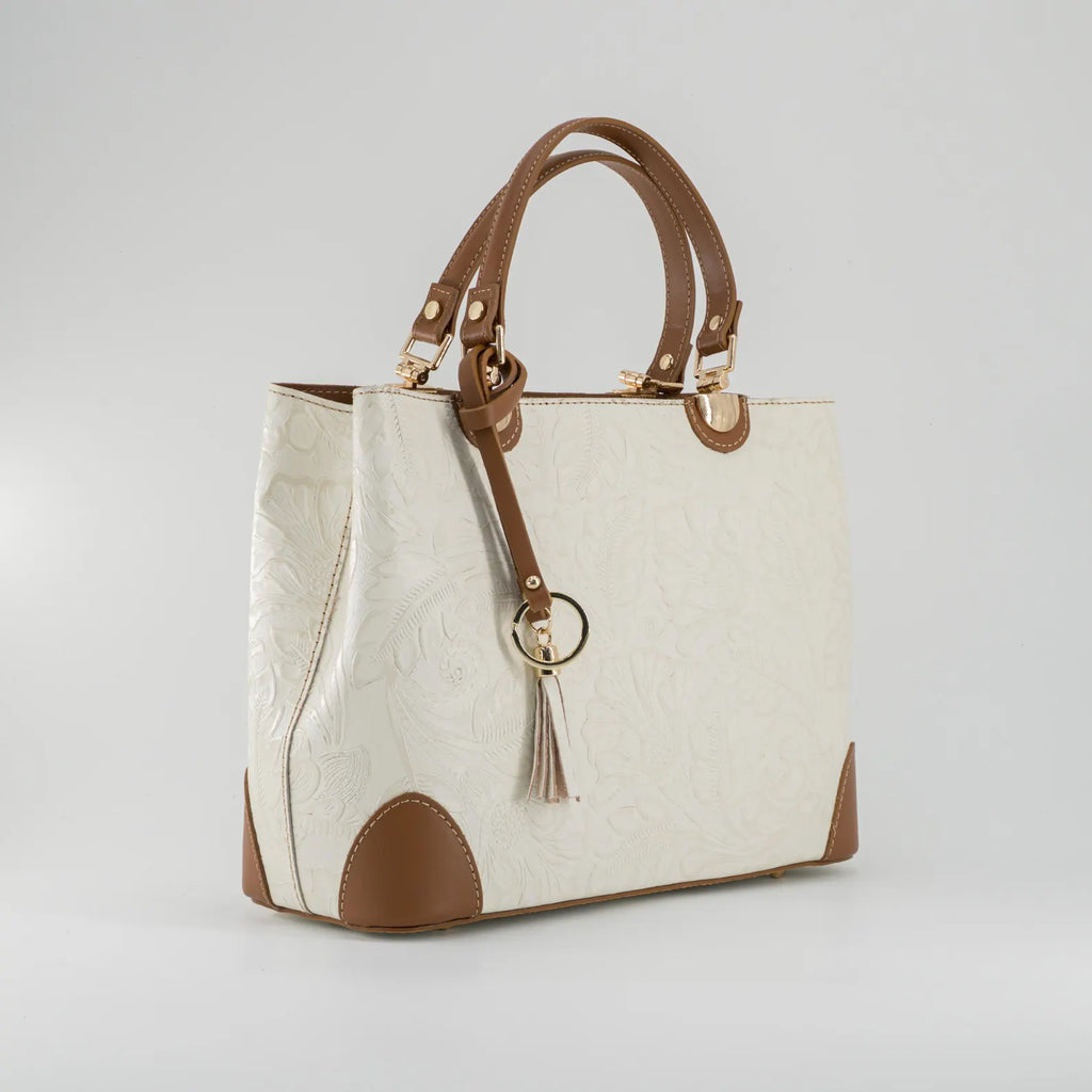 Italian Handmade Leather Bags For Woman | Elegant Embossed Leather Tote From Florence, Cream & Tan Bag, Made in Italy