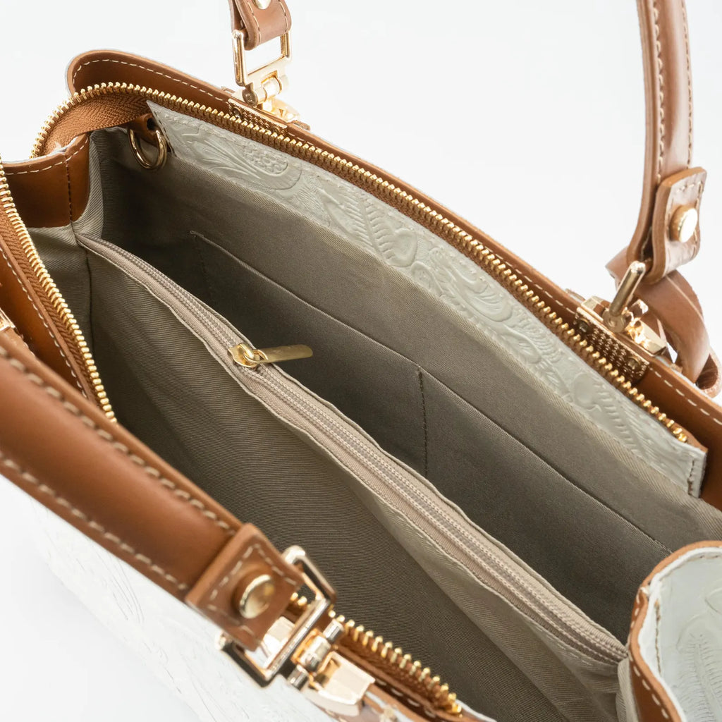 Italian Handmade Leather Bags For Woman | Elegant Embossed Leather Tote From Florence, Cream & Tan Bag, Made in Italy