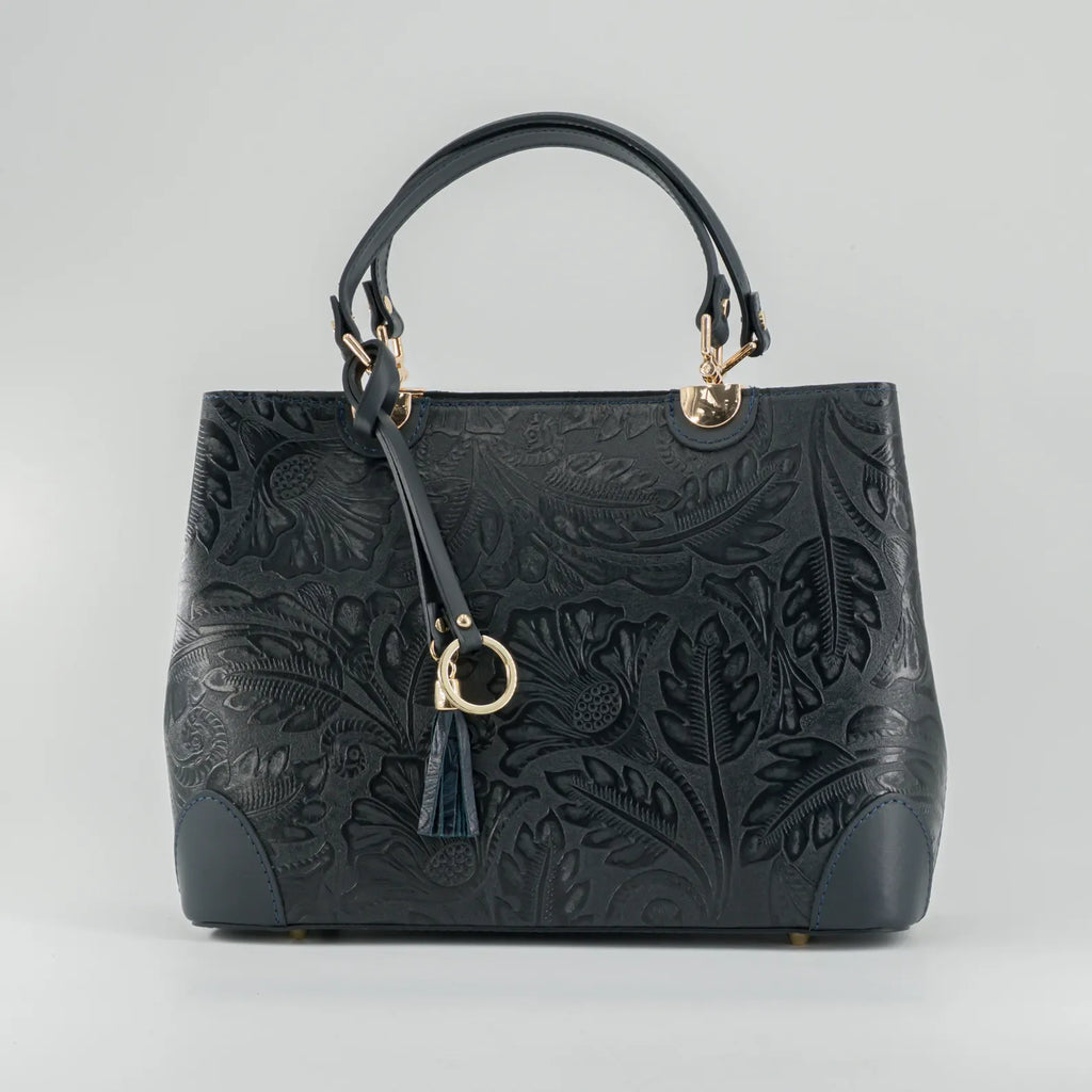 Italian Handmade Leather Bags For Woman | Elegant Embossed Leather Tote From Florence, Black Bag, Made in Italy | Top Handle Shoulder Bag