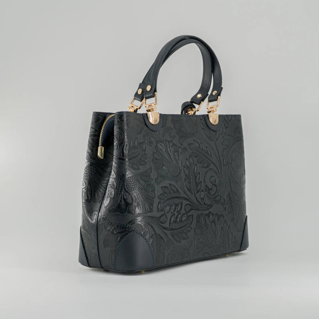 Italian Handmade Leather Bags For Woman | Elegant Embossed Leather Tote From Florence, Black Bag, Made in Italy | Top Handle Shoulder Bag