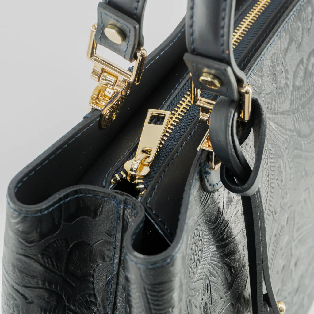 Italian Handmade Leather Bags For Woman | Elegant Embossed Leather Tote From Florence, Black Bag, Made in Italy | Top Handle Shoulder Bag