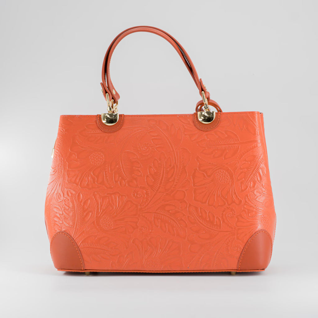Italian Handmade Leather Bags For Woman | Elegant Embossed Leather Tote From Florence, Orange Bag, Made in Italy | Top Handle Shoulder Bag