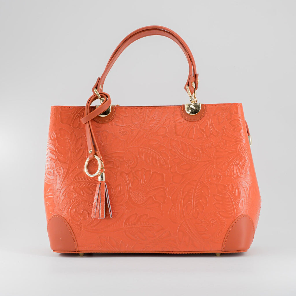 Italian Handmade Leather Bags For Woman | Elegant Embossed Leather Tote From Florence, Orange Bag, Made in Italy | Top Handle Shoulder Bag