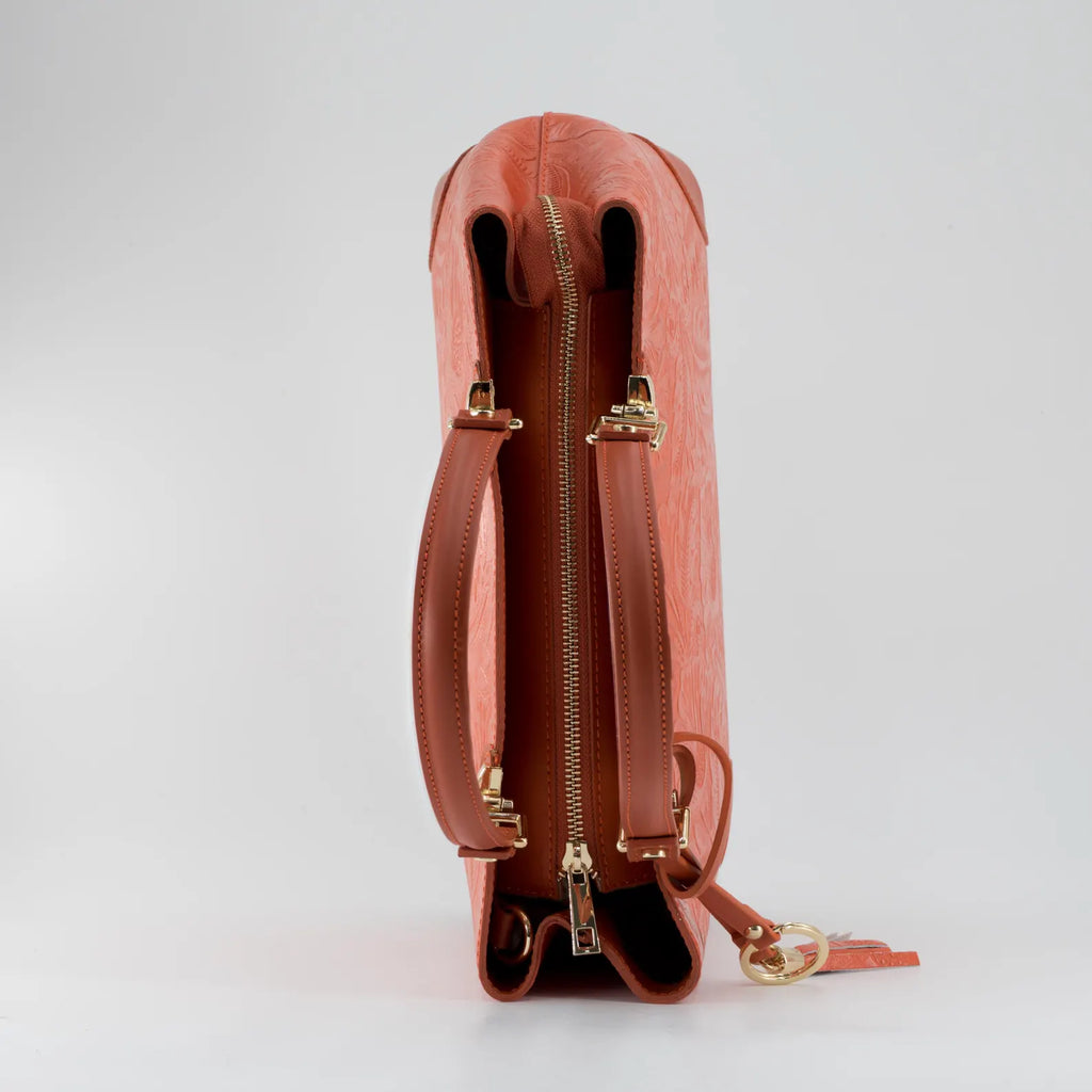 Italian Handmade Leather Bags For Woman | Elegant Embossed Leather Tote From Florence, Orange Bag, Made in Italy | Top Handle Shoulder Bag