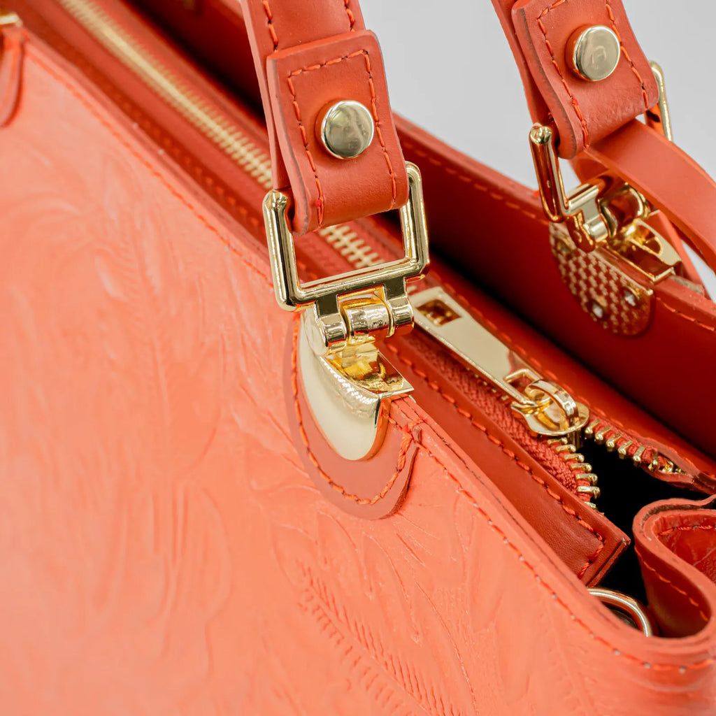 Italian Handmade Leather Bags For Woman | Elegant Embossed Leather Tote From Florence, Orange Bag, Made in Italy | Top Handle Shoulder Bag