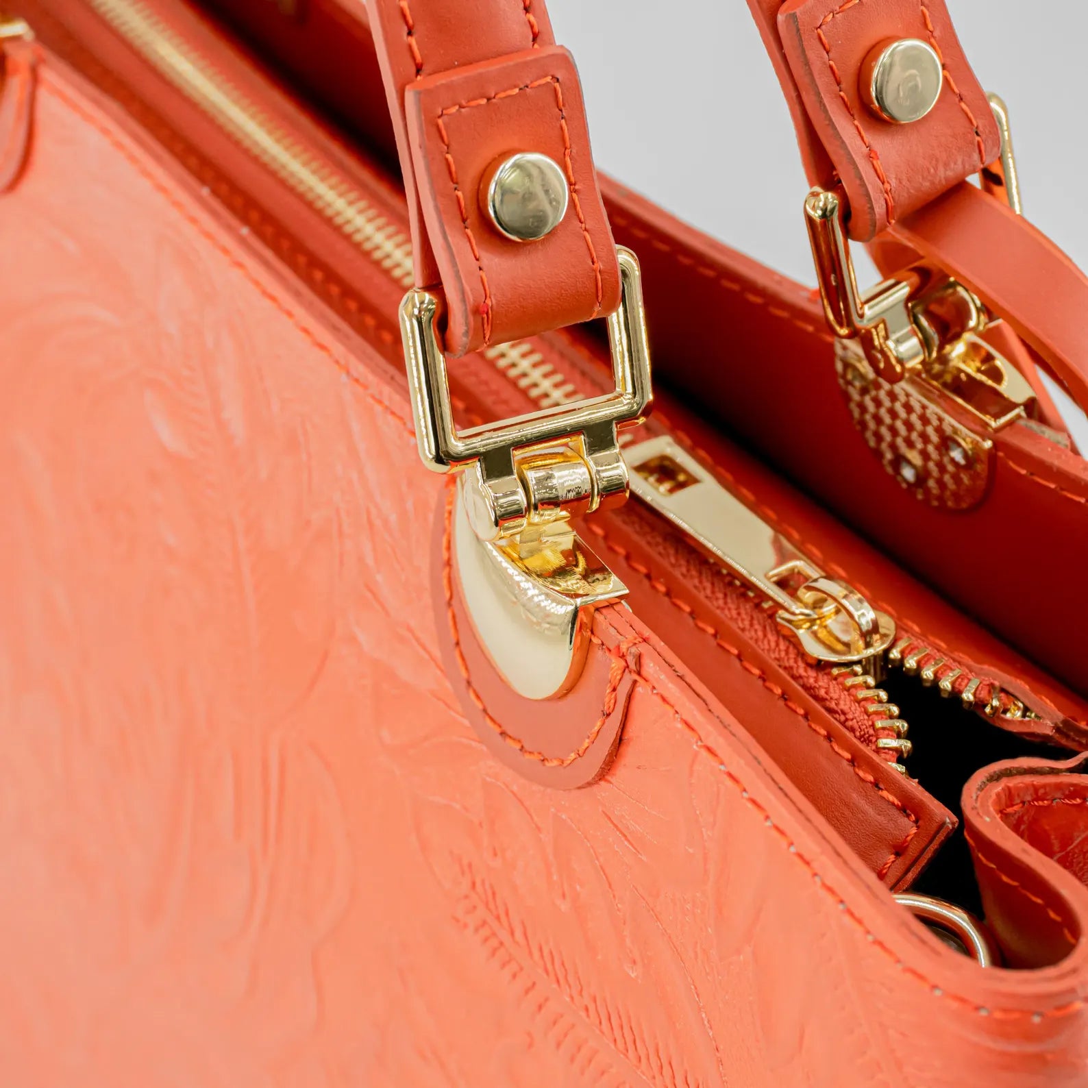 Italian Handmade Leather Bags For Woman | Elegant Embossed Leather Tote From Florence, Orange Bag, Made in Italy | Top Handle Shoulder Bag