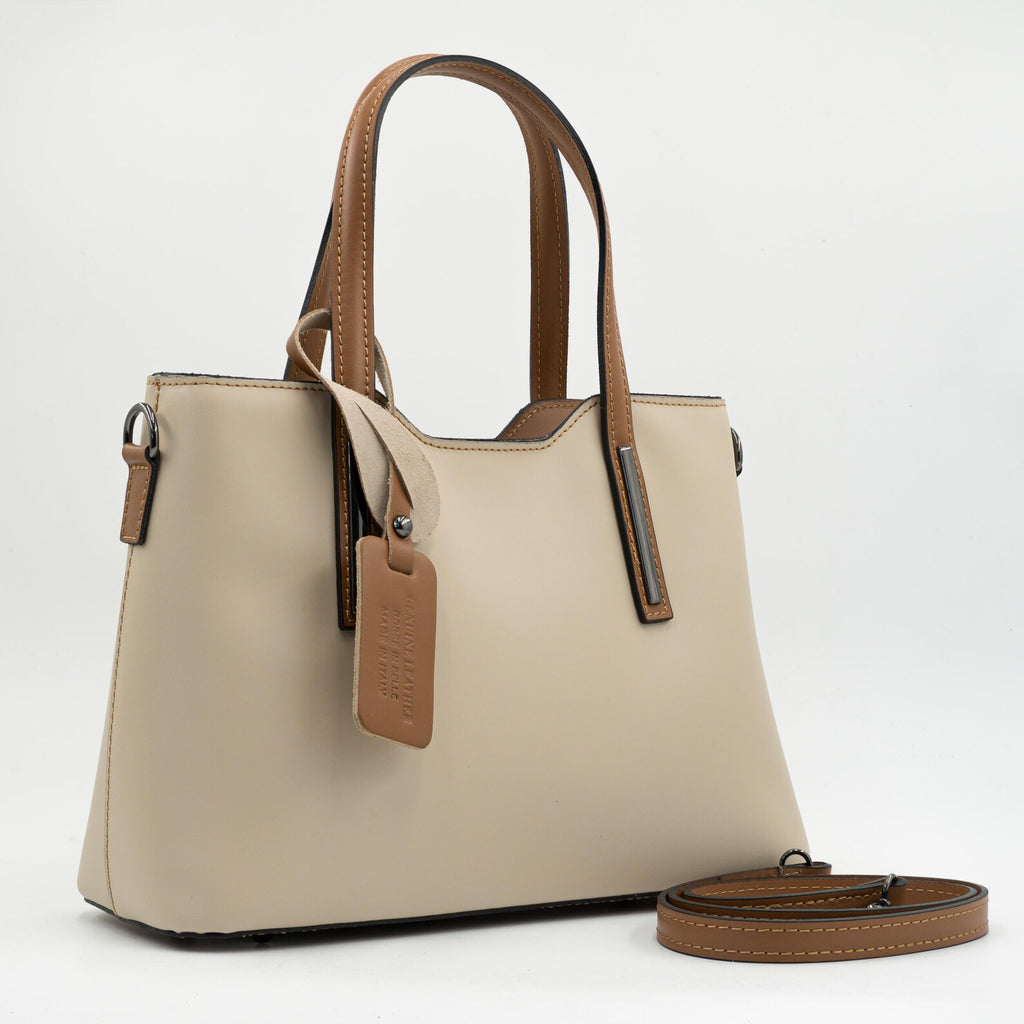 Italian Handmade Leather Bag for Women | Elegant Beige & Brown Tote From Florence, Made in Italy | Genuine Leather Purse