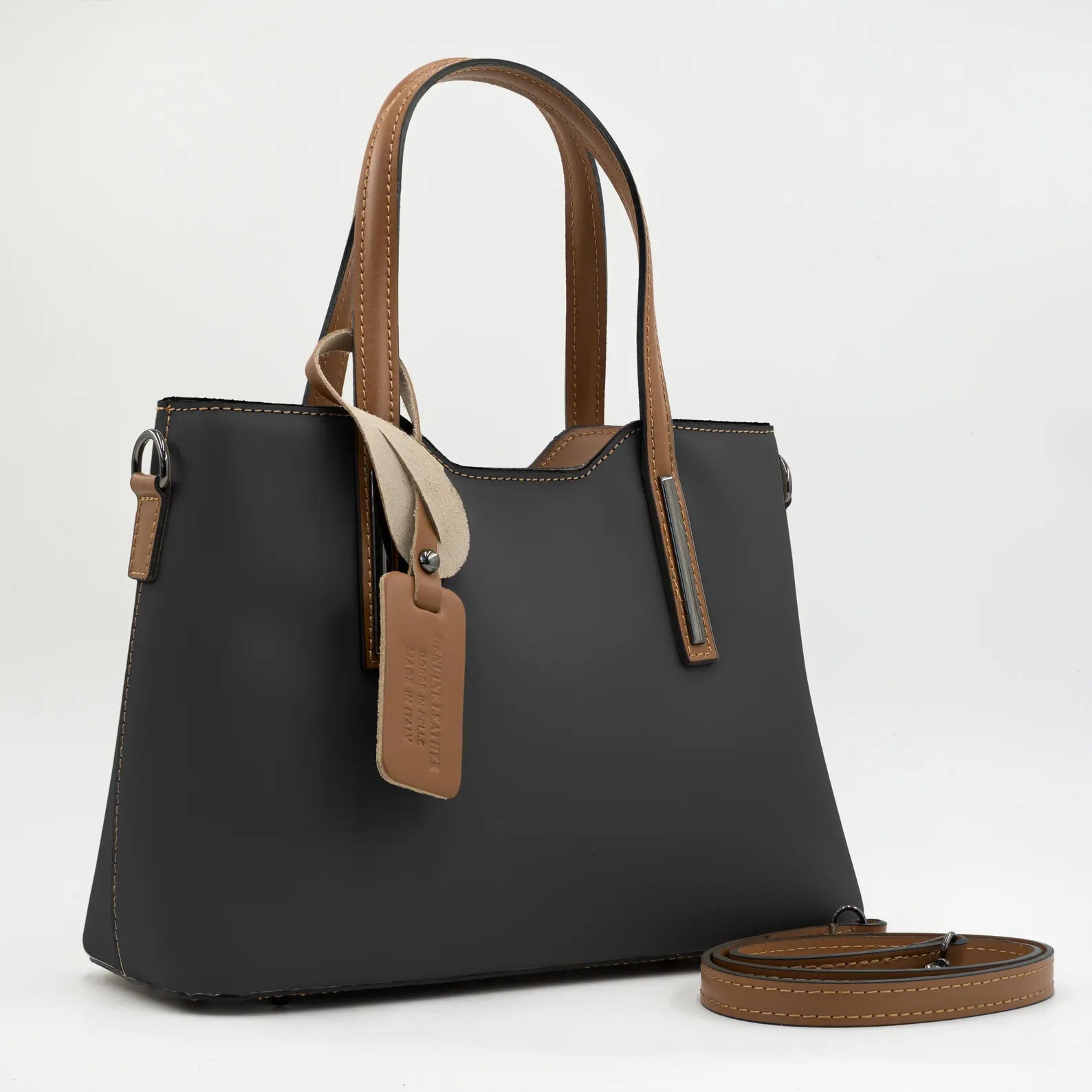Italian Handmade Leather Bag for Women | Elegant Dark Gray Tote From Florence, Made in Italy