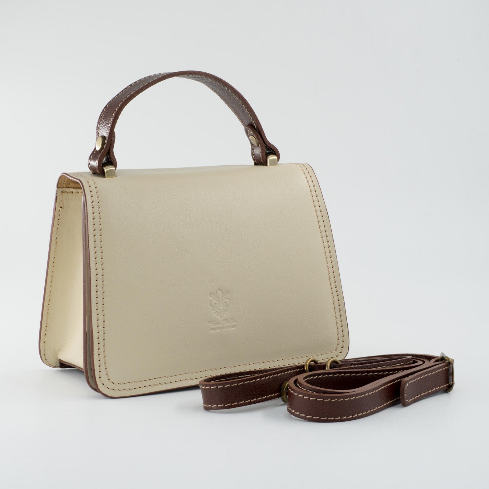Italian Handmade Leather Bag for Women | Elegant Crossbody From Florence, Cream & Brown Shoulder Bag, Made in Italy