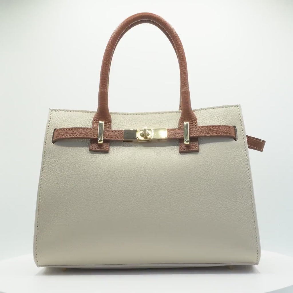 Italian Handmade Leather Bag for Women | Elegant Off-White & Brown Tote From Florence, Made in Italy | Luxury Top Handle Purse