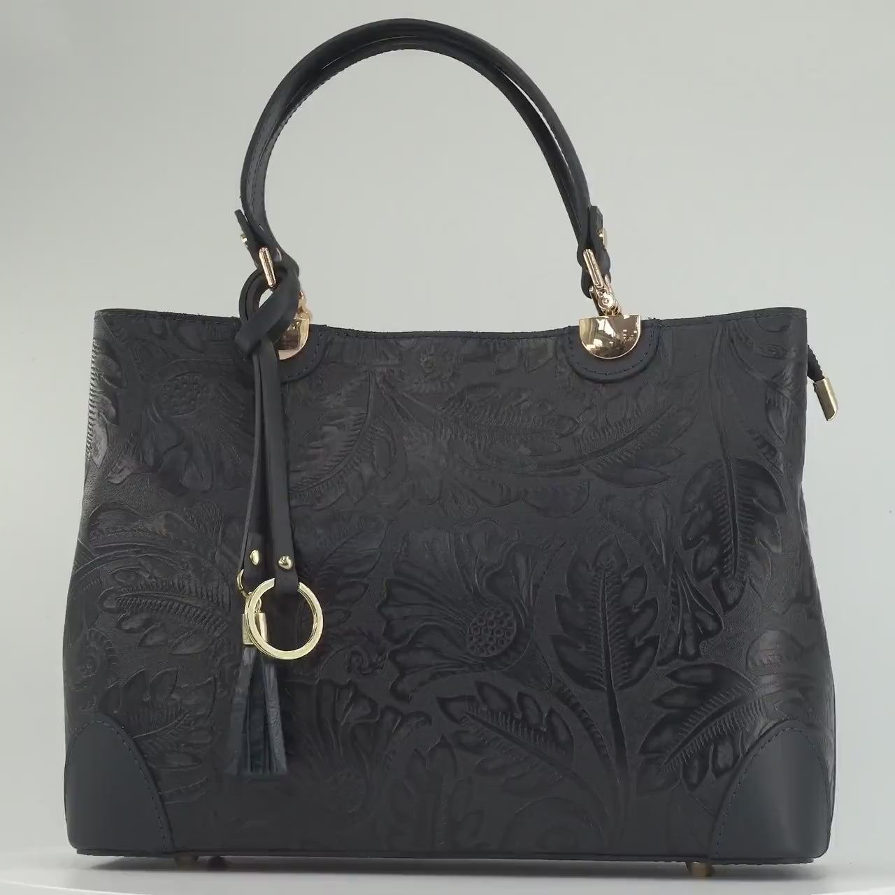 Italian Handmade Leather Bags For Woman | Elegant Embossed Leather Tote From Florence, Black Bag, Made in Italy | Top Handle Shoulder Bag