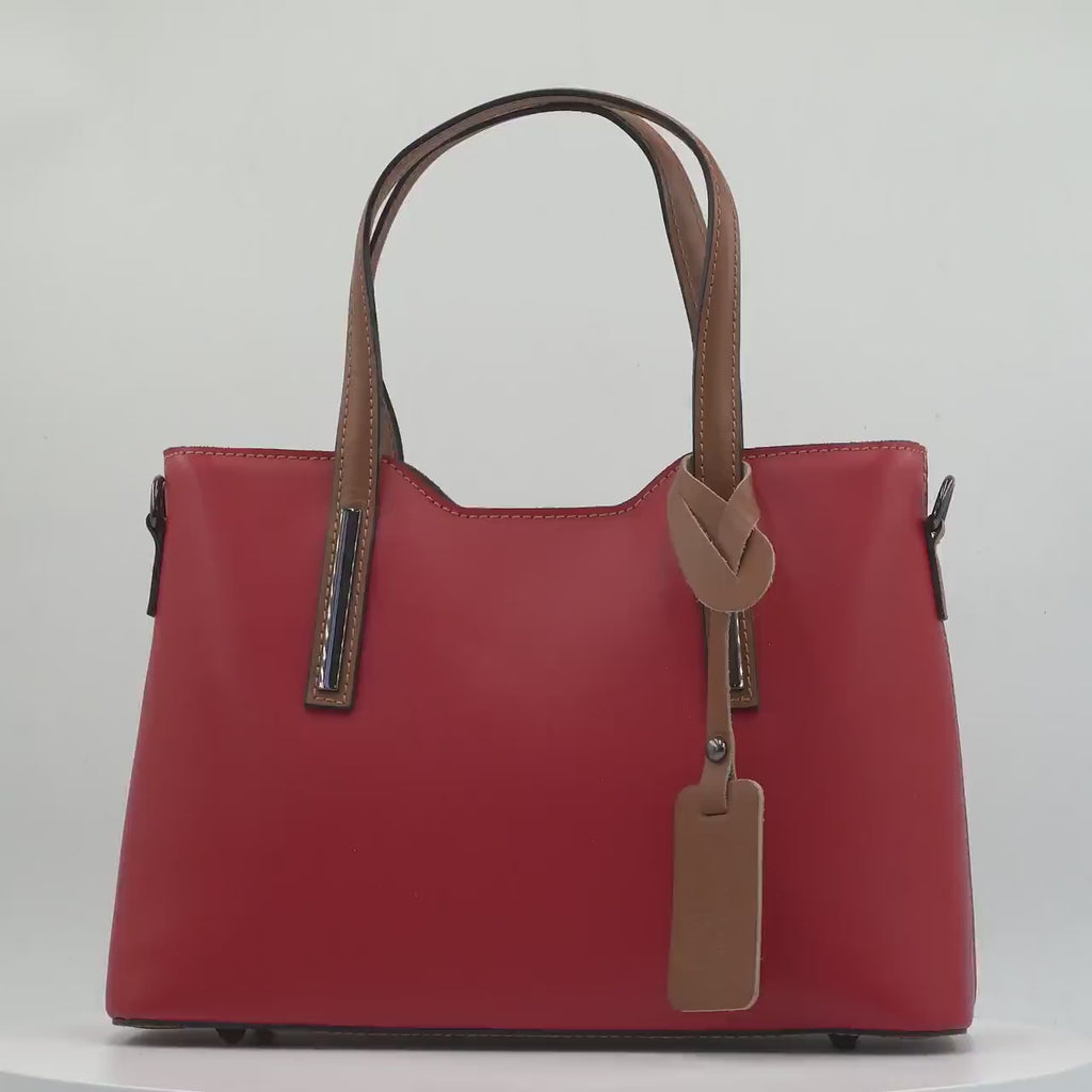 Italian Handmade Leather Bags for Women | Elegant Two-Tone Tote From Florence, Red & Brown Leather Purse, Made in Italy