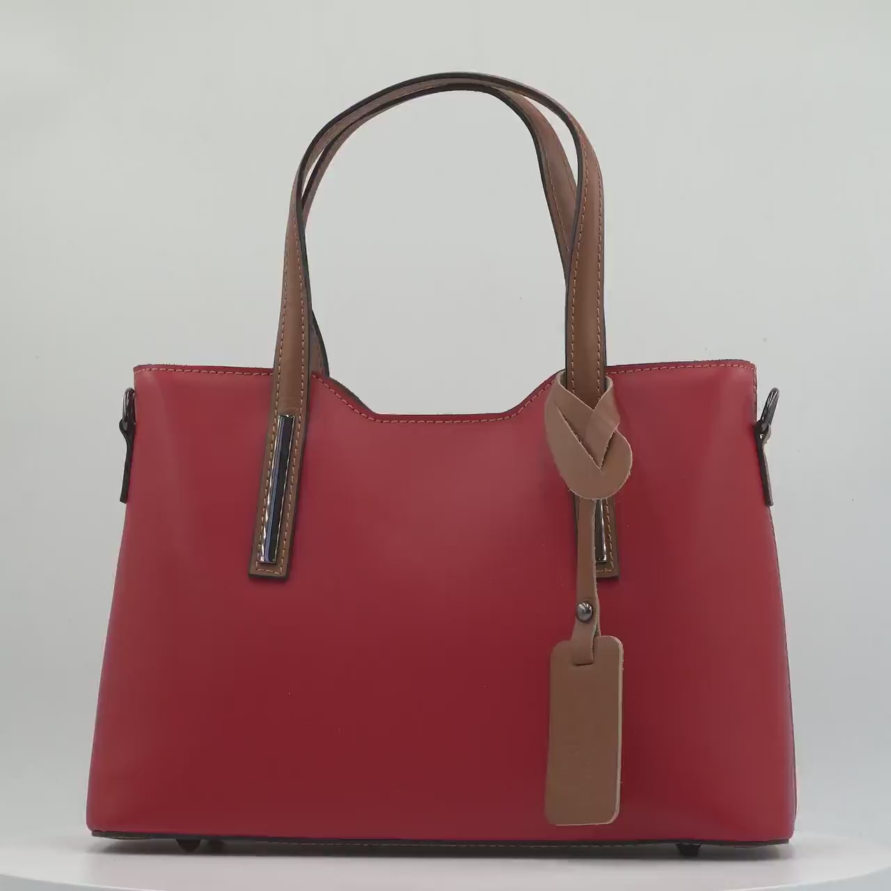 Italian Handmade Leather Bags for Women | Elegant Two-Tone Tote From Florence, Red & Brown Leather Purse, Made in Italy