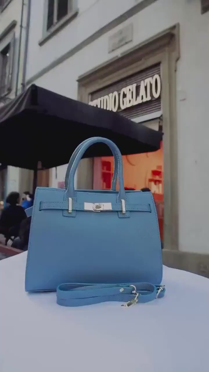 Italian Handmade Leather Bag For Women | Elegant Leather Tote Bag From Florence, Blue Bag, Made in Italy