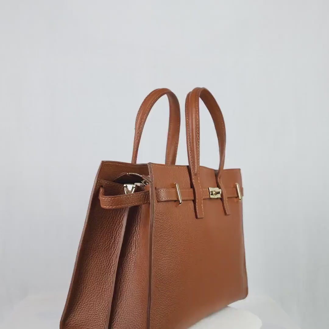 Italian Handmade Leather Tote Bag | Brown Pebbled Leather Handbag for Women | Elegant Work Bag Made in Florence Italy | Top Handle Purse