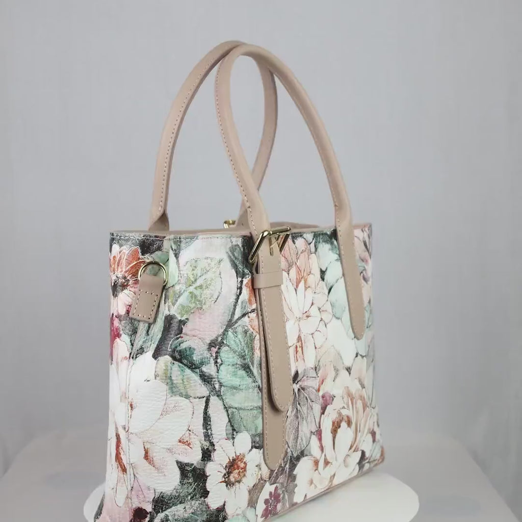 Italian Handmade Leather Bags For Women || Elegant Floral Leather Tote From Florence, Beige Bag, Made in Italy